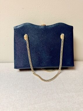 Vintage After Five Navy Blue and Gold Purse Handbag Evening Bag With Coin Purse